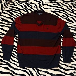 U.S. Polo Assn. Men's V-Neck Sweater - Red and Brown Stripes